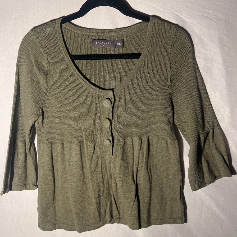 Savannah Autumn Green Cotton 3-Button Top - Size L